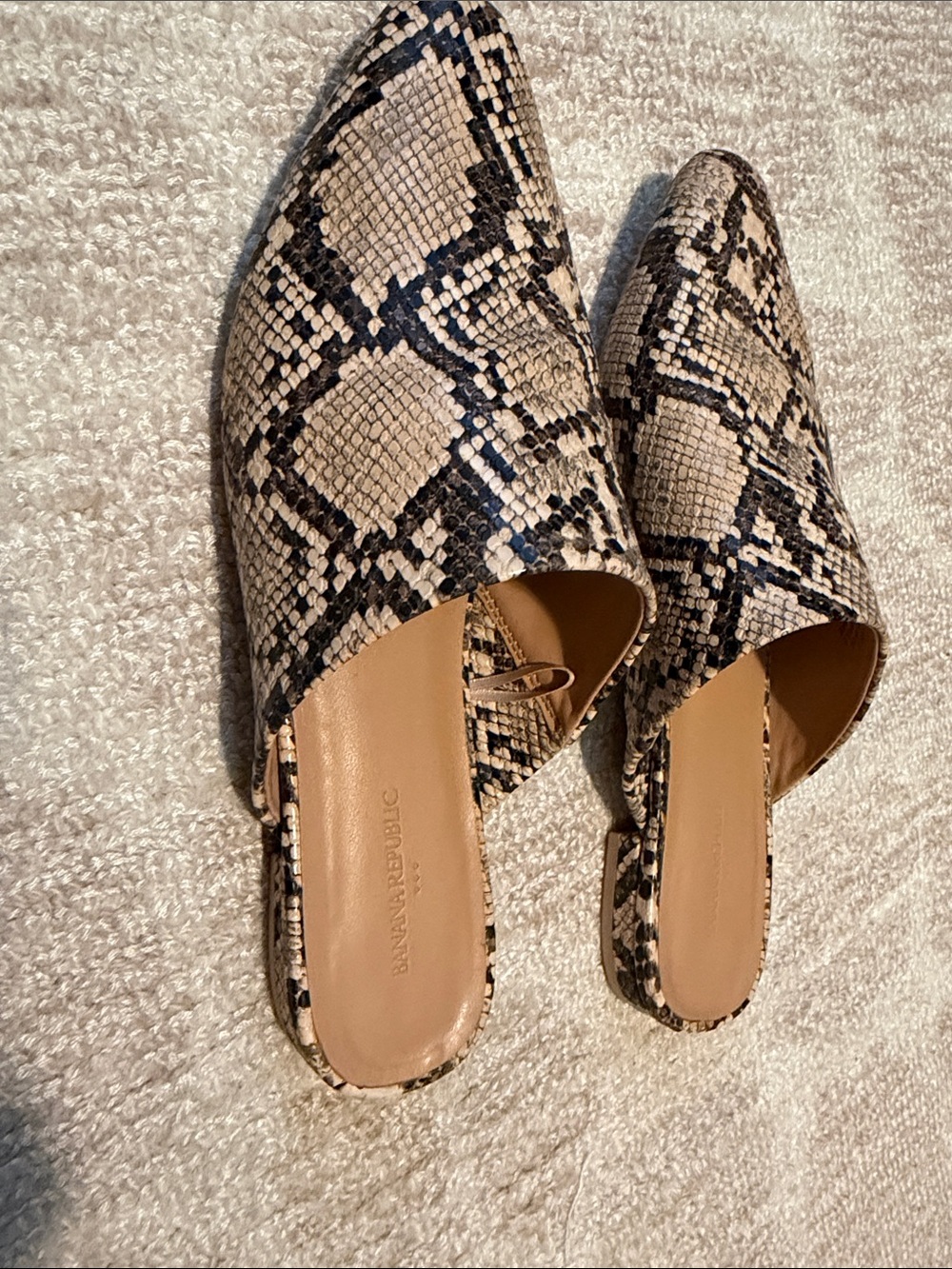 Banana Republic Snake-Print Pointed Toe Mules in Beige and Black
